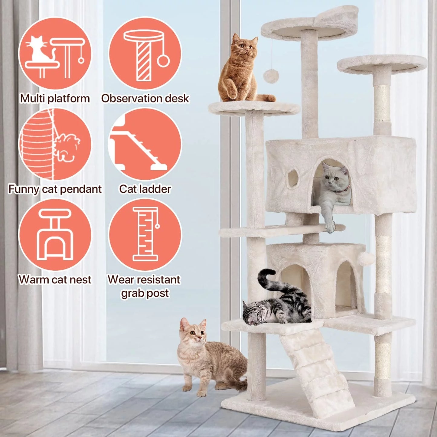 70" Cat Tree Cat Condo Cat Trees and Towers Multi-Level Activity Center Cat Playhouse with Sisal Scratching Posts & Perch for Kittens, Easy to Assemble, Ashy