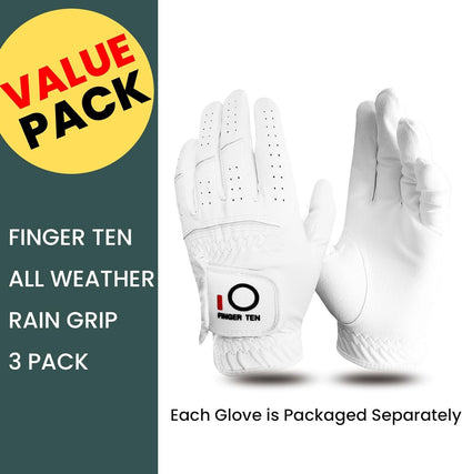 Golf Gloves Men Left Hand Rain Grip Value 3 Pack, All Weather Durable Grip Size Small Medium Large XL White Black Blue Red Brown