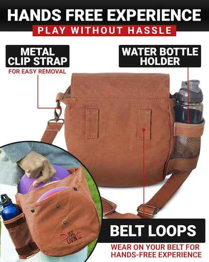 Disc Golf Bag | Frisbee Golf Bag | Easy to Carry | Lightweight Fits up to 10 Discs | 16 Oz Waxed Canvas Sturdy Design | Belt Loop | Double Button Design | Bottle Holder