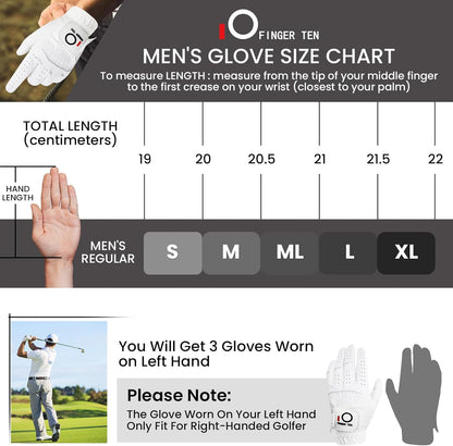 Golf Gloves Men Left Hand Rain Grip Value 3 Pack, All Weather Durable Grip Size Small Medium Large XL White Black Blue Red Brown