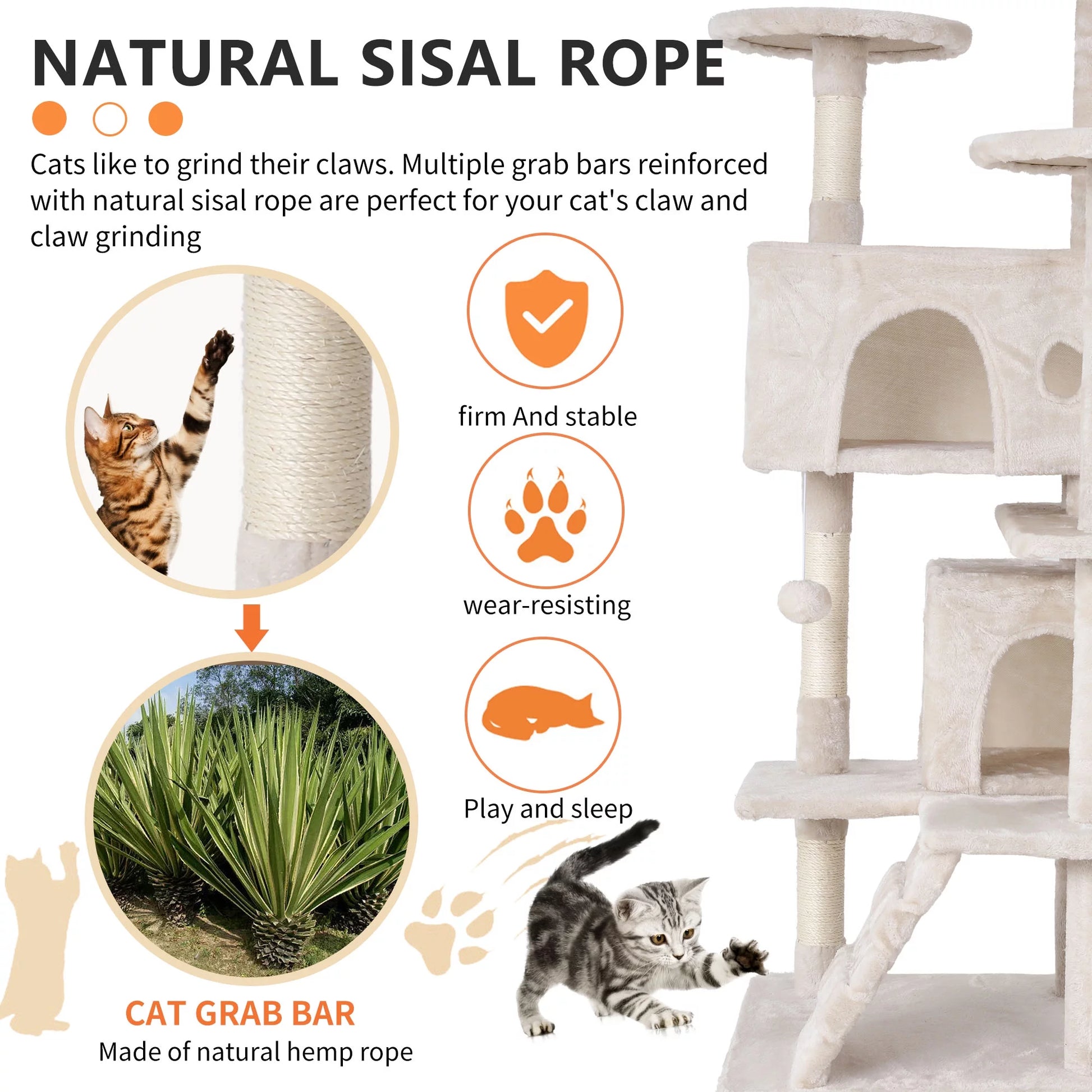70" Cat Tree Cat Condo Cat Trees and Towers Multi-Level Activity Center Cat Playhouse with Sisal Scratching Posts & Perch for Kittens, Easy to Assemble, Ashy